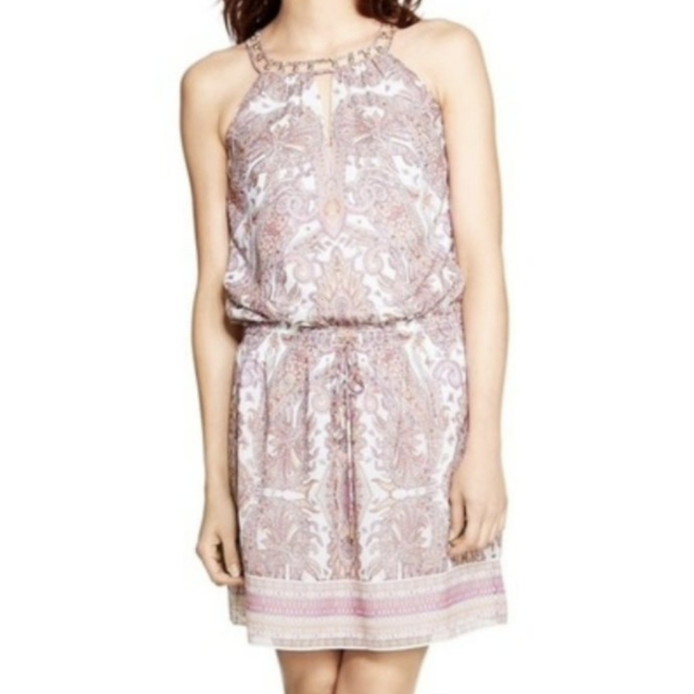 WHBM Grecian Style Dress Beaded Paisley Blouson Elastic Waist Keyhole Pastels XS